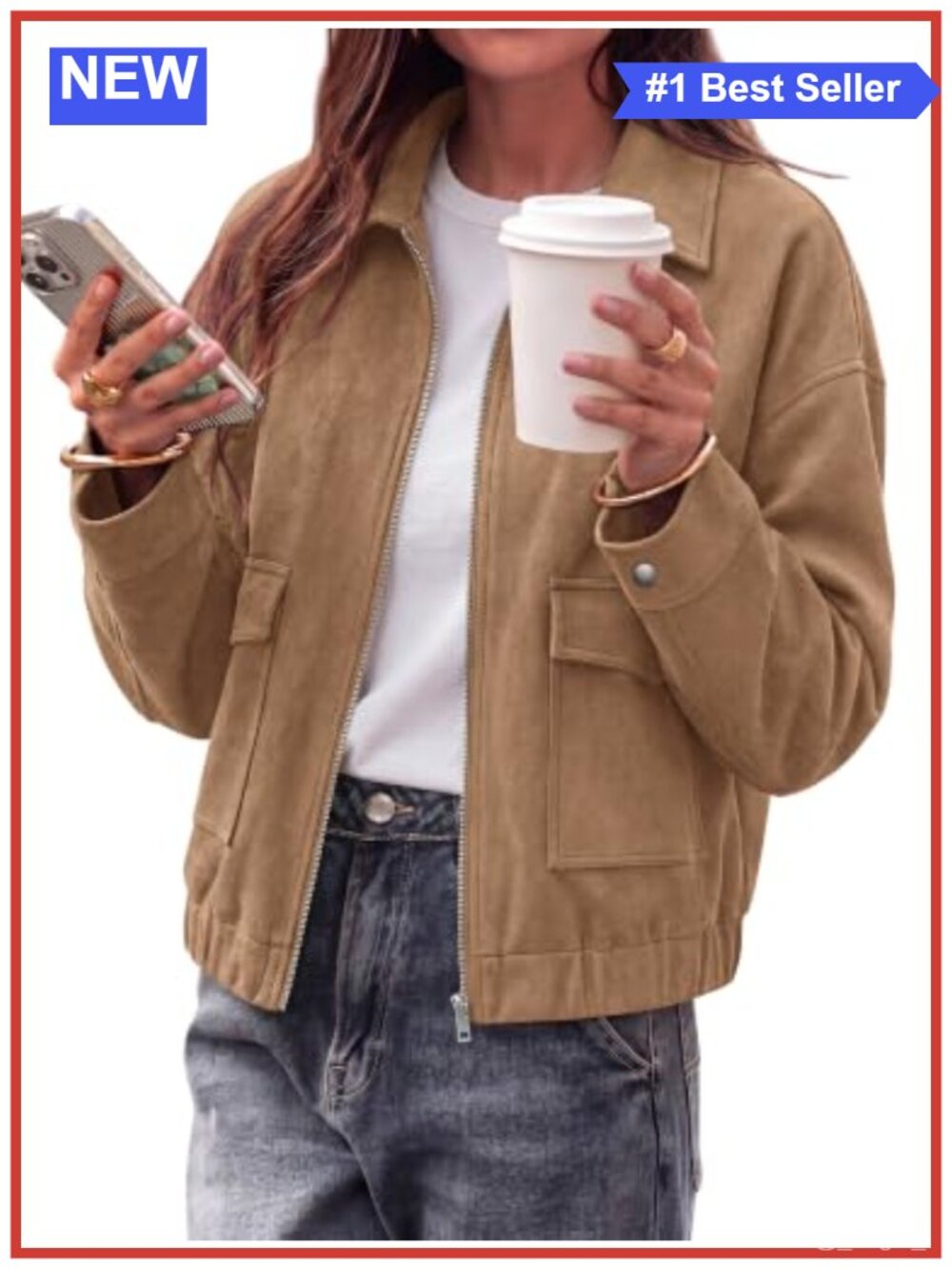 Faux Suede Cropped Bomber Jacket Zip Up Casual Women's Coat